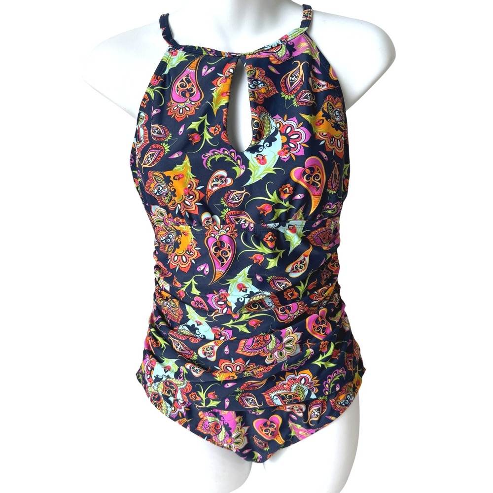 Ellen Tracy  Ruched One Piece Swimsuit Womens 12 Navy Paisley High Neck Keyhole